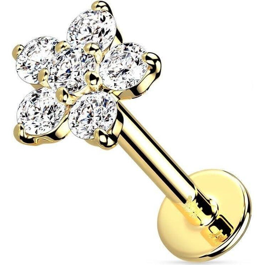 Solid Gold 14 Carat Labret Flower Zirconia Push-In