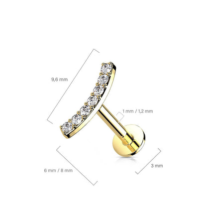 Solid Gold 14 Carat Labret Curved Bar Zirconia Push-In