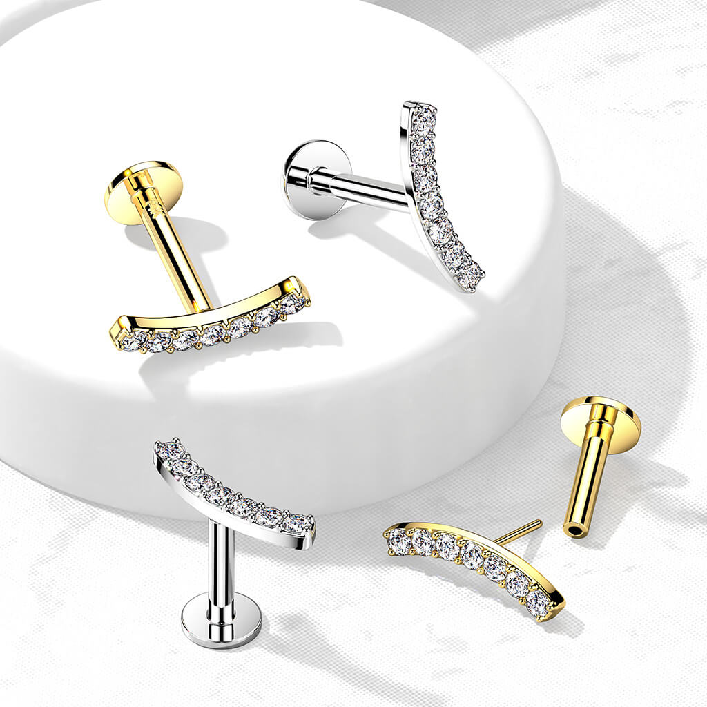 14 Karat Gold Labret Stab gebogen Zirkonia Gelbgold Weißgold Push-In