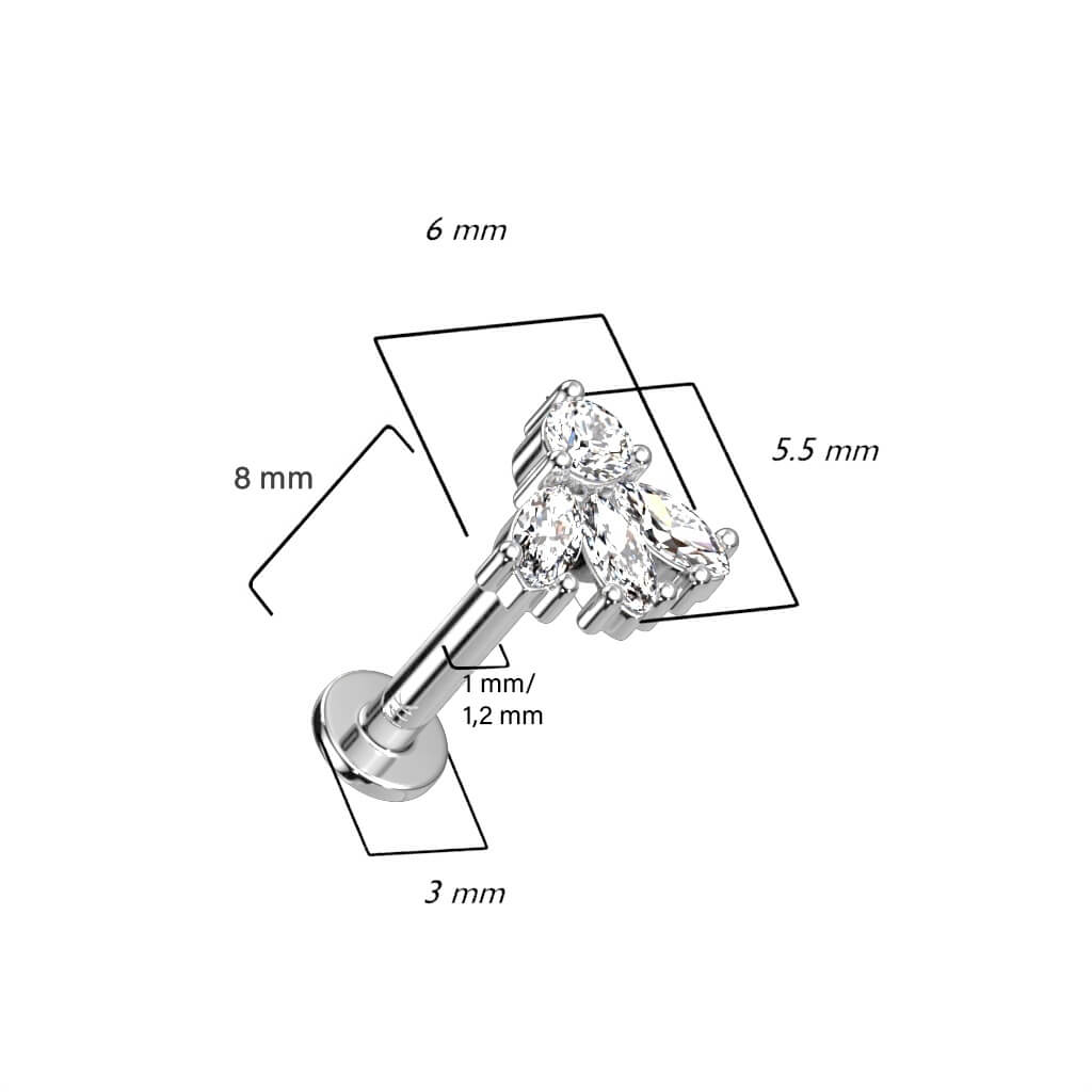 Oro 14 kt Labret Marquise di 3 Zirconi  Push-In