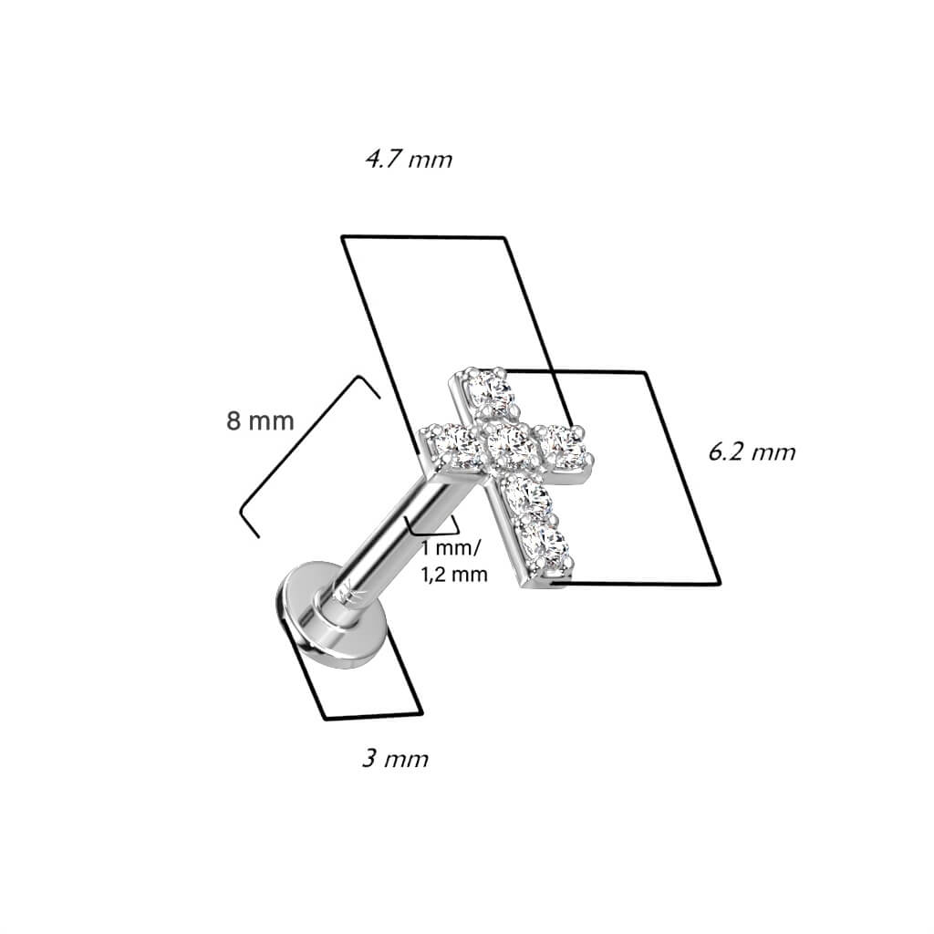 Or 14kt Labret Croix Zircone Enfoncer