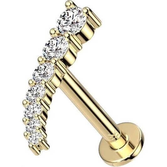 Solid Gold 14 Carat Labret Curved Bar Zirconia Push-In