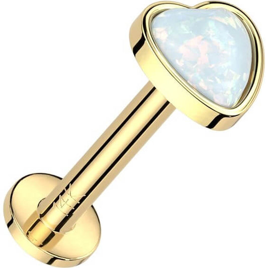 Złoto 585 labret serce opal push-in