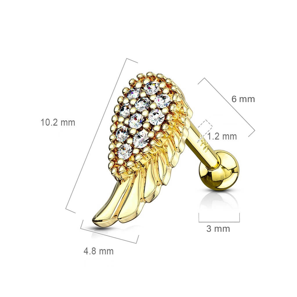 Solid Gold 14 Carat Barbell Angelwing Zirconia