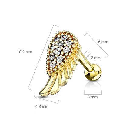 Solid Gold 14 Carat Barbell Angelwing Zirconia