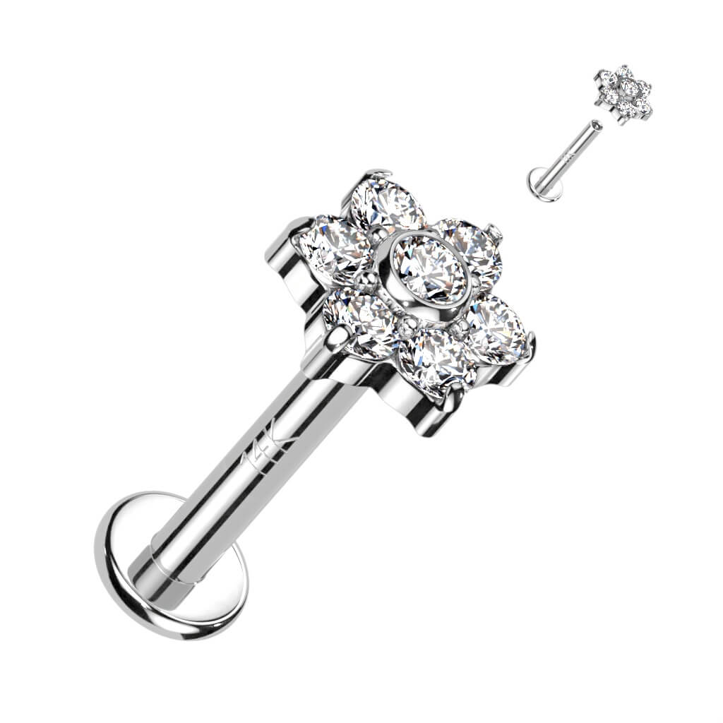 Or 14kt Labret Fleur Zircone Opale Filetage Interne