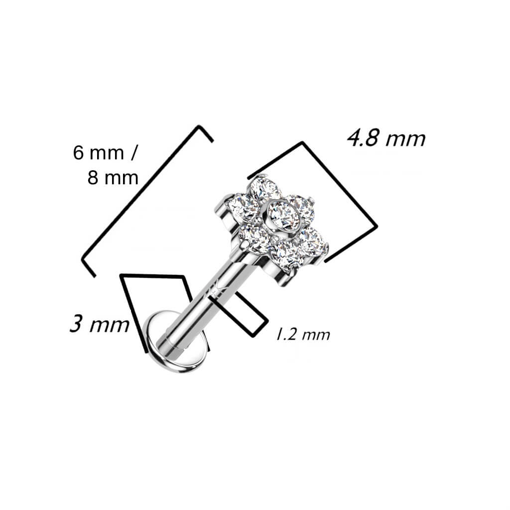 Złoto 585 labret kwiatek cyrkonia opal gwint wewnętrzny