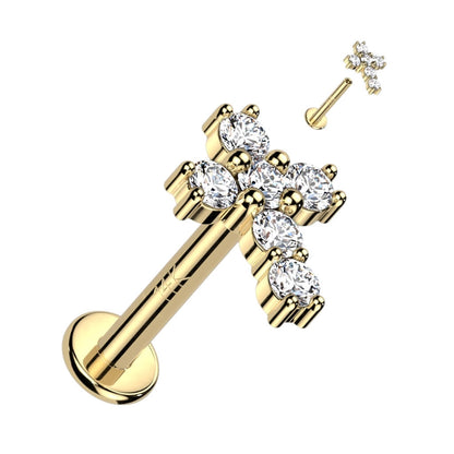 Solid Gold 14 Carat Labret Cross Zirconia Internally Threaded