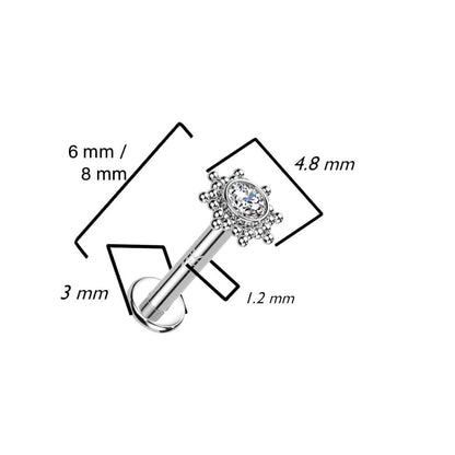 Or 14kt Labret Fleur Zircone Opale Filetage Interne