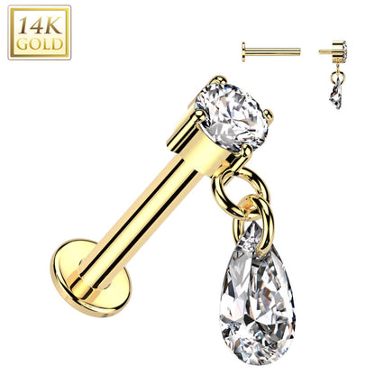 Solid Gold 14 Carat Labret teardrop dangle zirconia Internally Threaded