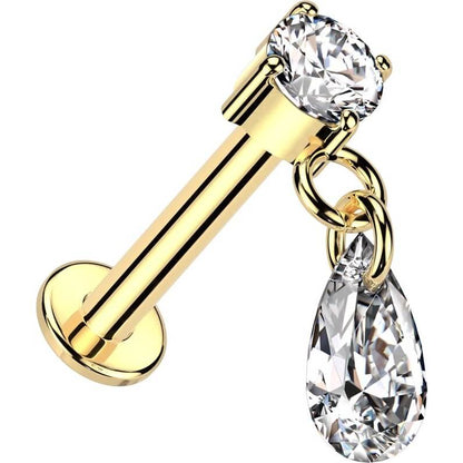 Solid Gold 14 Carat Labret teardrop dangle zirconia Internally Threaded