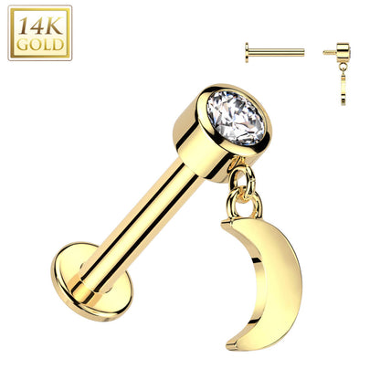 Solid Gold 14 Carat Labret moon dangle zirconia Internally Threaded