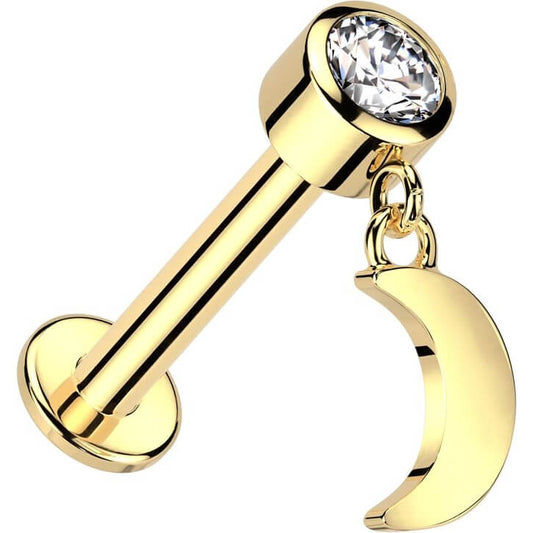 Solid Gold 14 Carat Labret moon dangle zirconia Internally Threaded