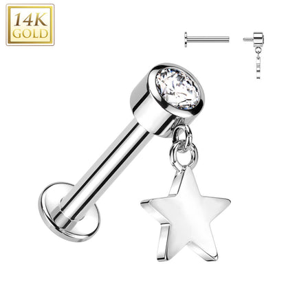 Oro 14kt Circonita con Estrella colgante Rosca interna Labret