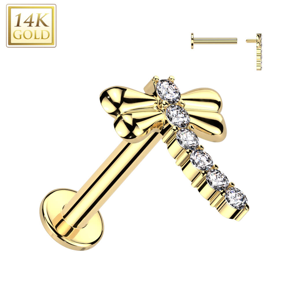 14 Karat Gold Labret Zirkonia Libelle Innengewinde