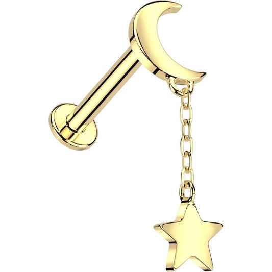 Solid Gold 14 Carat Labret moon star dangle Internally Threaded