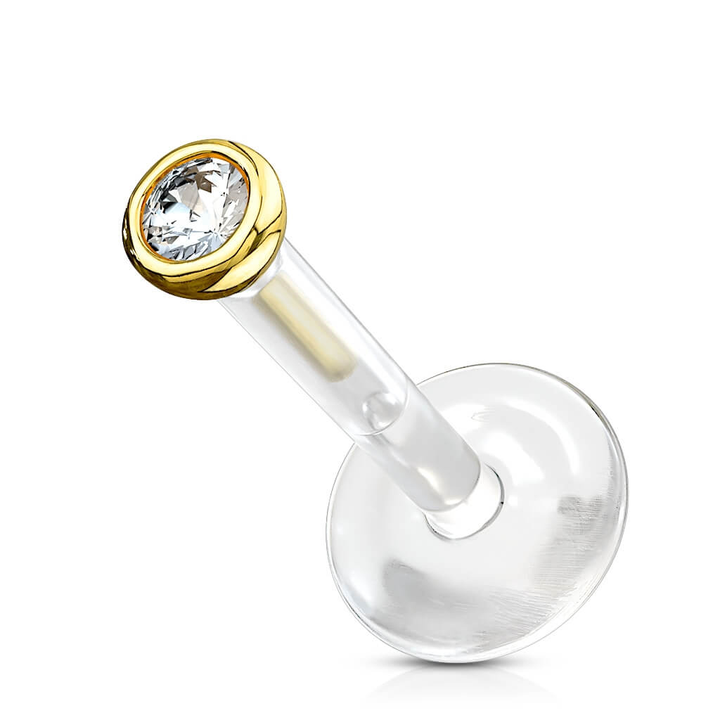 Solid Gold 14 Carat Labret Round Zirconia Push-In