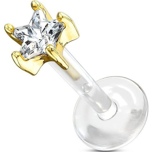 Solid Gold 14 Carat Labret Flower Zirconia Push-In