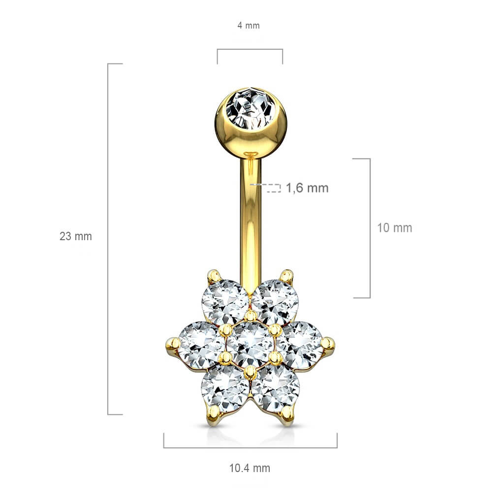 Oro 14 kt Piercing Ombelico Fiore di zirconi 