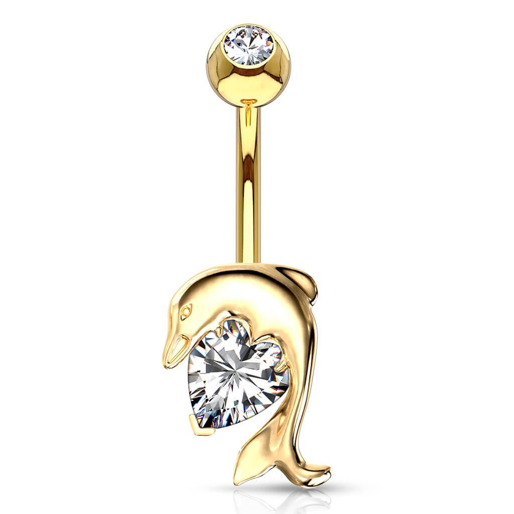 Oro 14 kt Piercing Ombelico Zircone con Delfino