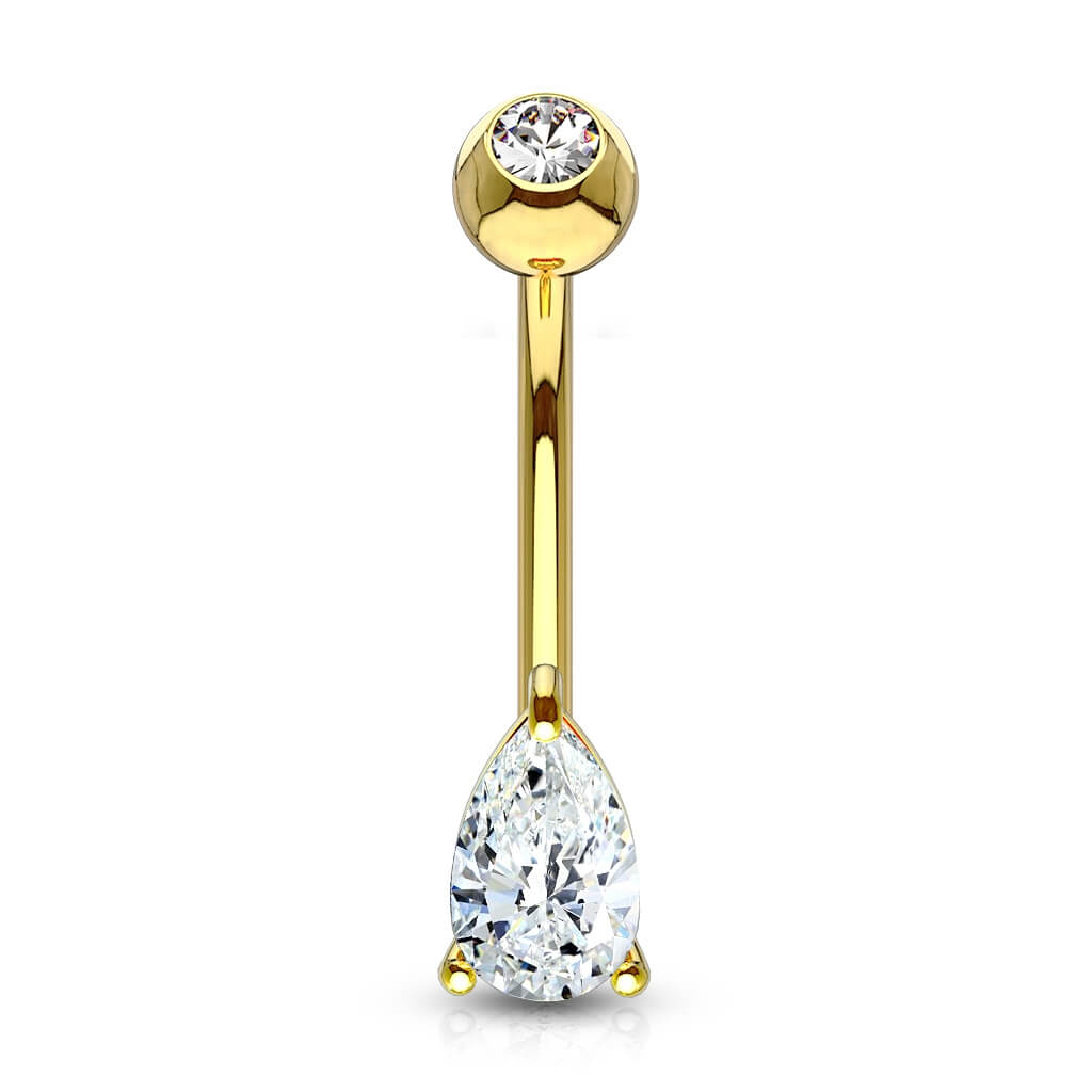 Solid Gold 14 Carat Belly Button Piercing TearDrop Zirconia