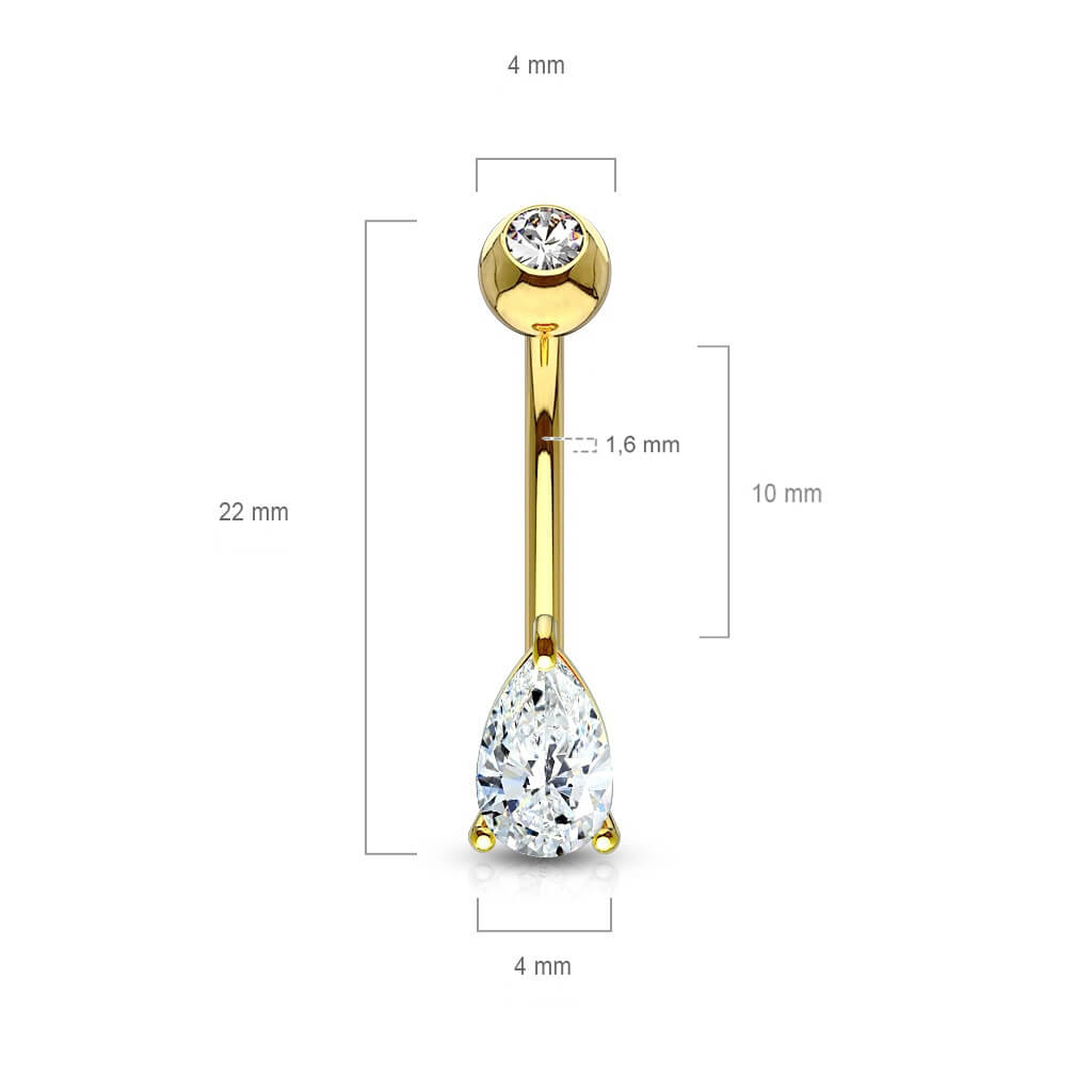 Solid Gold 14 Carat Belly Button Piercing TearDrop Zirconia