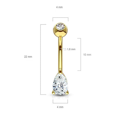 Solid Gold 14 Carat Belly Button Piercing TearDrop Zirconia