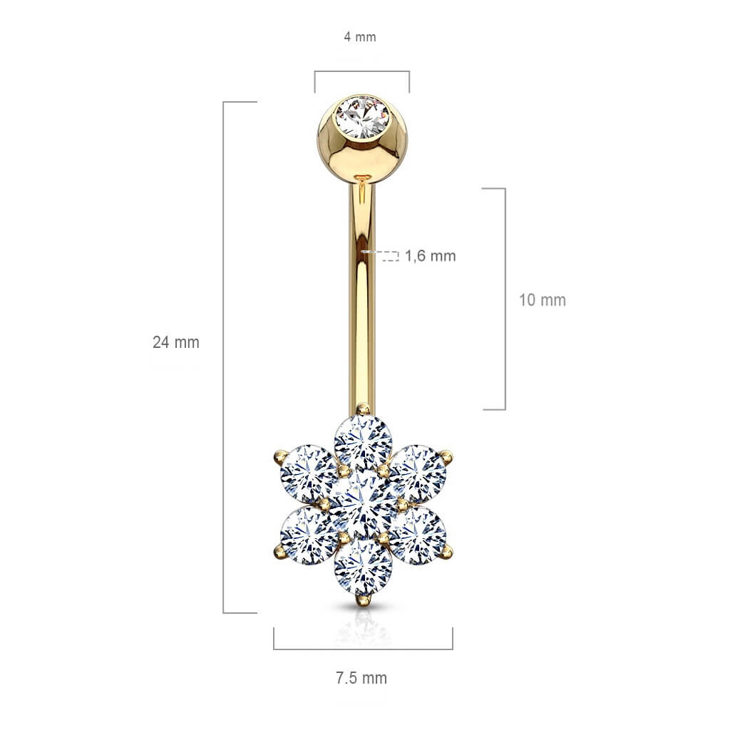 Oro 14 kt Piercing Ombelico Fiore di zirconi