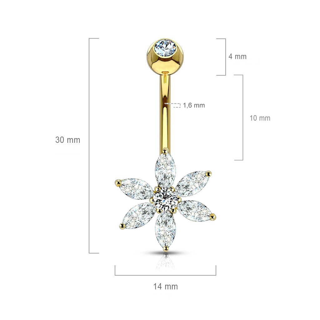 Or 14kt Piercing Nombril Fleur Zircone