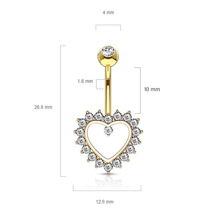 Solid Gold 14 Carat Belly Button Piercing Heart Zirconia