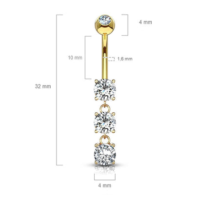 Oro 14 kt Piercing Ombelico Pendente con 3 Zirconi