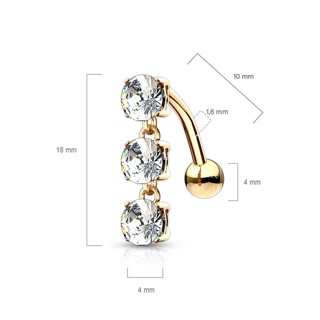 Or 14kt Piercing Nombril Pendentif 3 Zircone