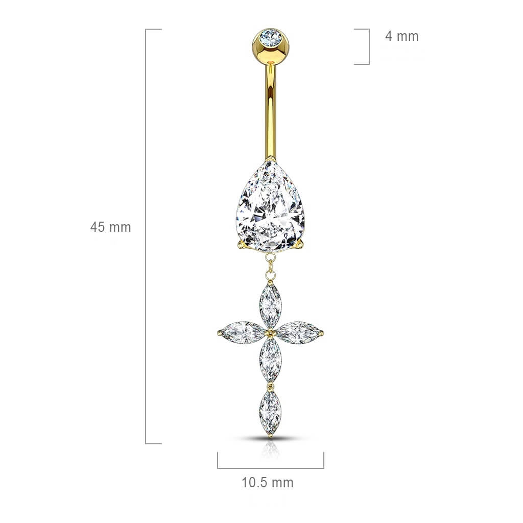 Oro 14 kt Piercing Ombelico Pendente a croce in zirconi