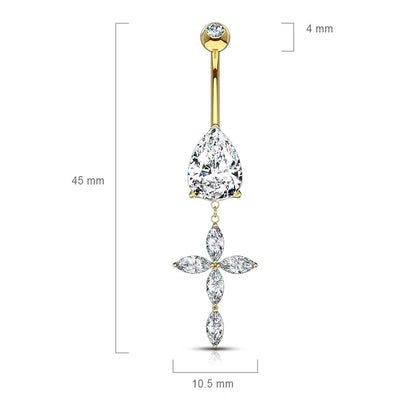 Solid Gold 14 Carat Belly Button Piercing Cross dangle Zirconia