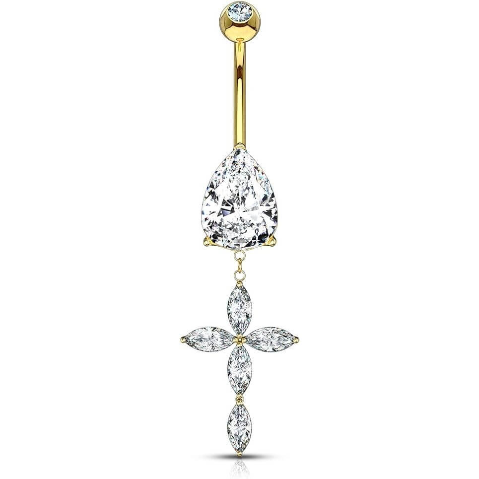 Solid Gold 14 Carat Belly Button Piercing Cross dangle Zirconia