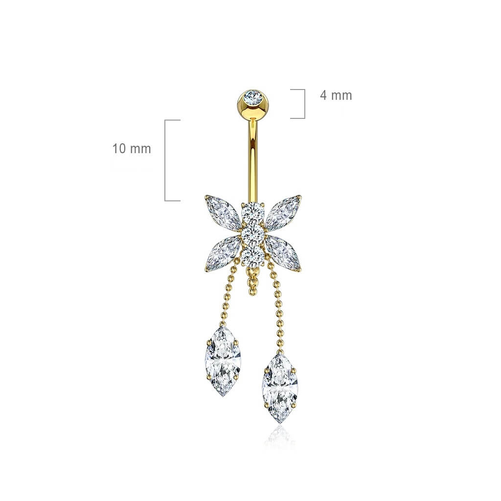 Or 14kt Piercing Nombril Pendentif Libellule Gouttes Zircone