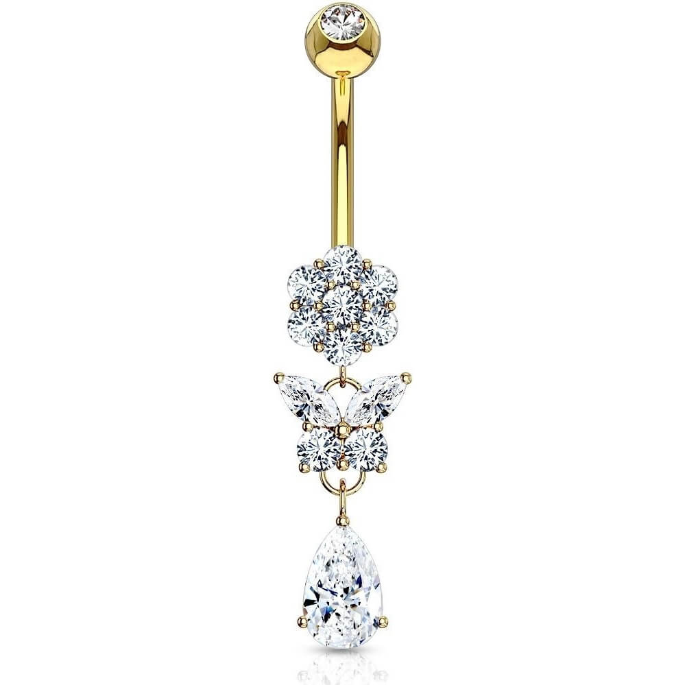 Solid Gold 14 Carat Belly Button Piercing Butterfly dangle Zirconia