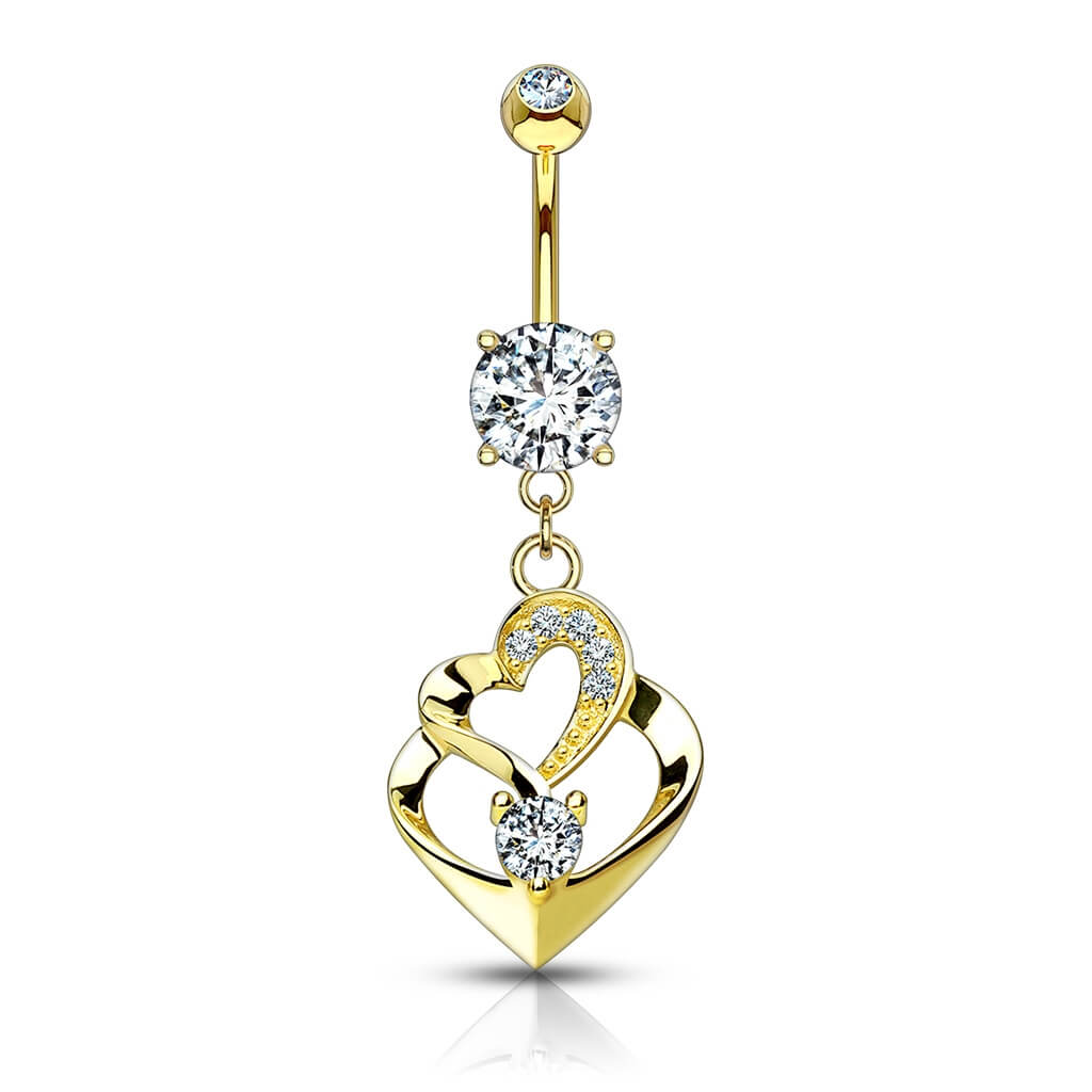 Or 14kt Piercing Nombril Pendentif Double Cœur Zircone