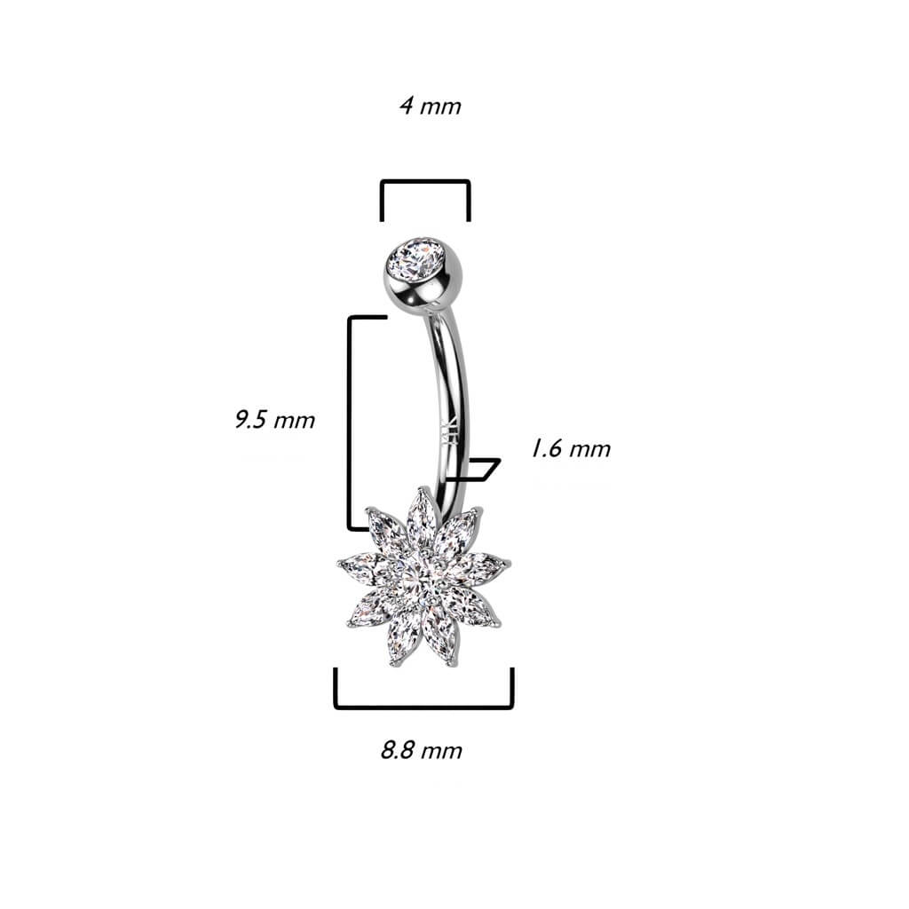 Solid Gold 14 Carat Belly Button Piercing Flower Zirconia