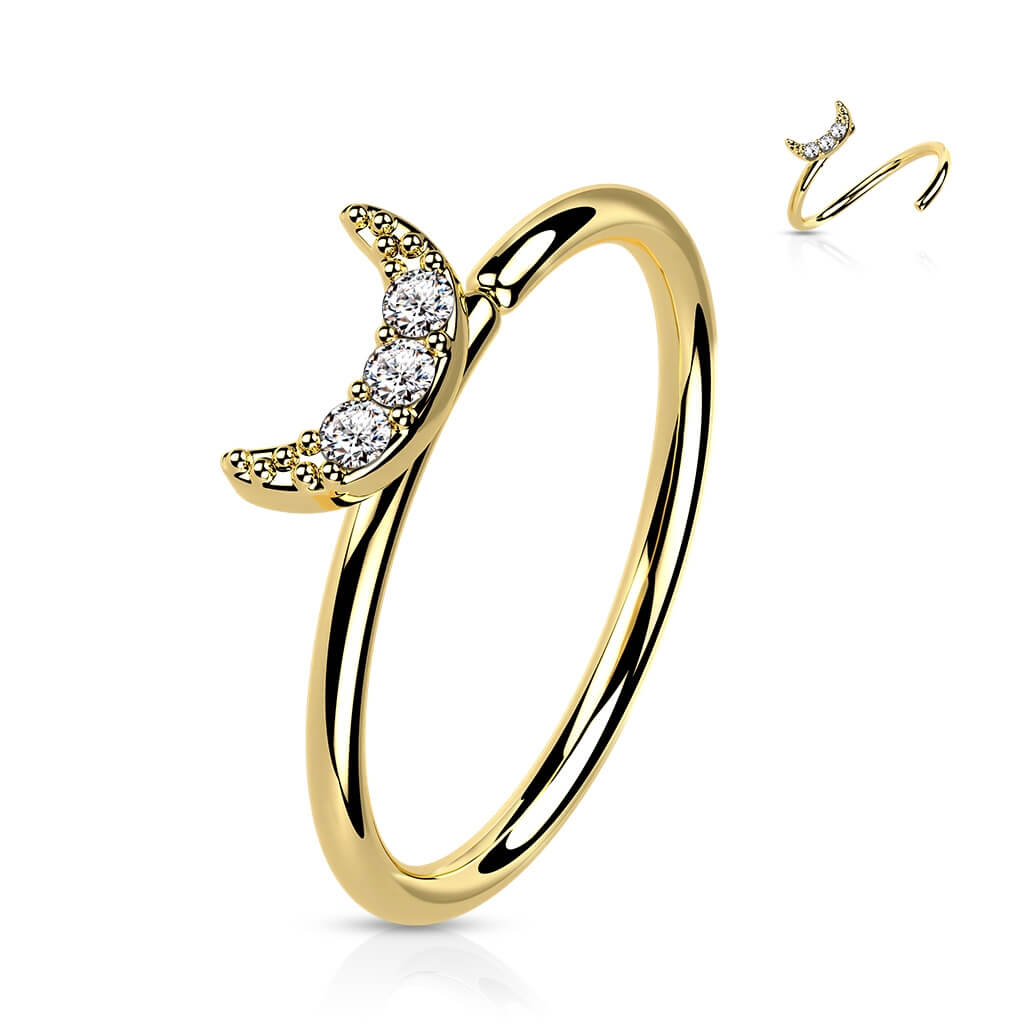 Oro 14 kt Anello Piercing Luna di zirconi Pieghevole