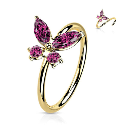 Solid Gold 14 Carat Ring Butterfly Zirconia Bendable