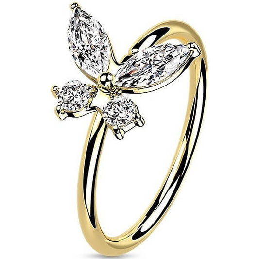 Solid Gold 14 Carat Ring Butterfly Zirconia Bendable