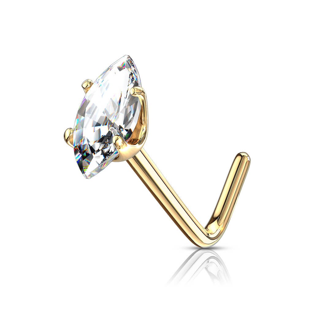 Solid Gold 14 Carat Nose L-Shape Marquise Cut Zirconia