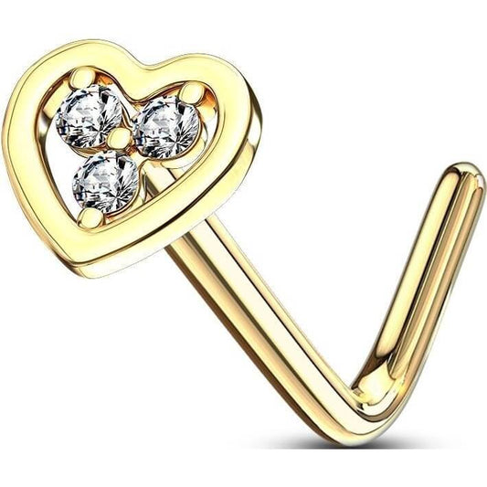 Solid Gold 14 Carat Nose L-Shape Heart Zirconia