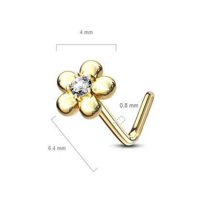 14 Karat Gold Nasenstecker L-Form Blumen Zirkonia Gelbgold Weißgold