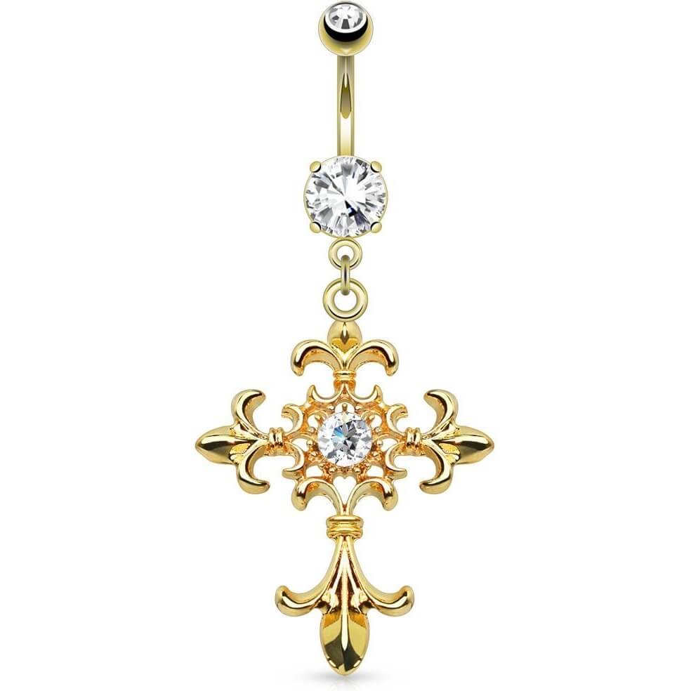 Belly Button Piercing Lily Cross dangle Zirconia Gold