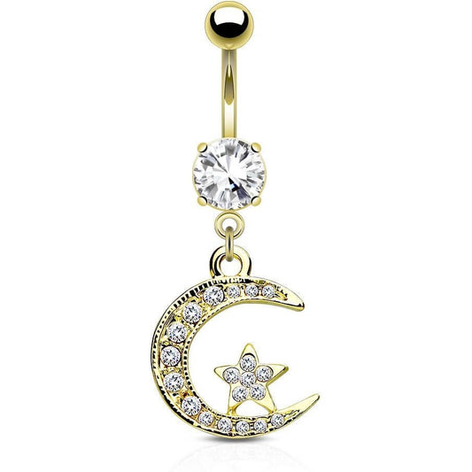 Piercing Nombril Pendentif Étoile Lune Zircone Or