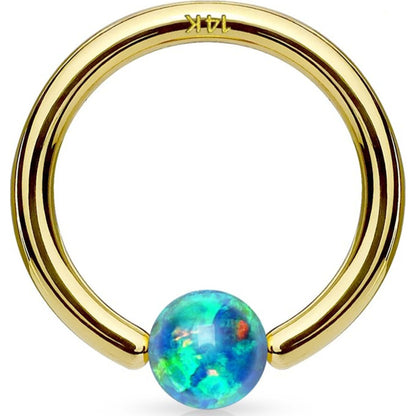 Złoto 585 kółko z kulką opal zapięcie captive bead