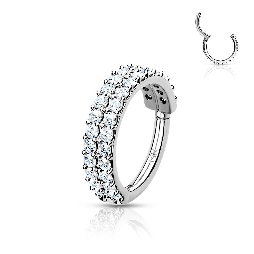 Oro 14 kt Anello Piercing Zirconi in 2 file Clicker