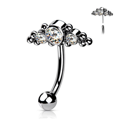 Titanio Piercing Sopracciglio 3 Zirconi e Argento Push-In